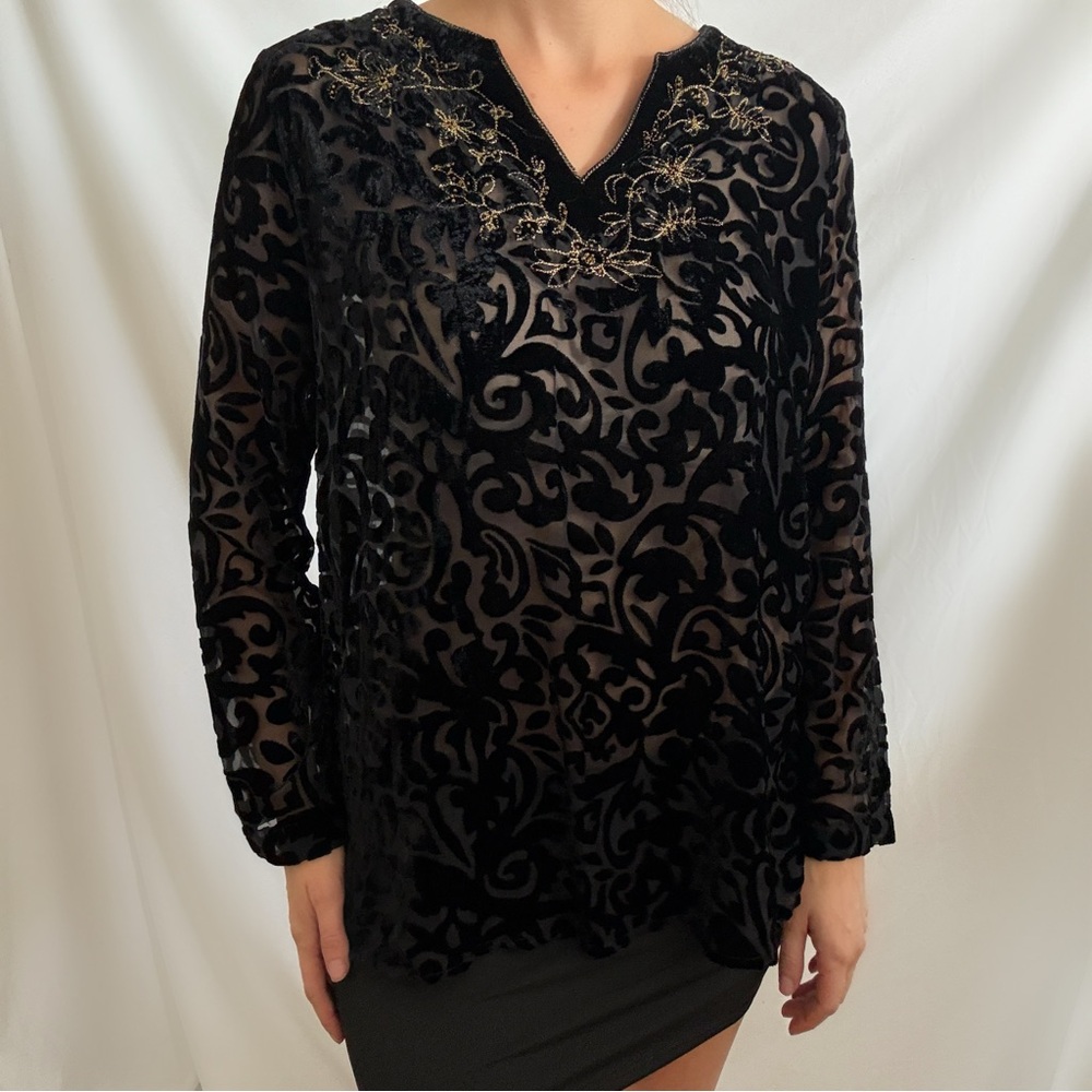Y2K black velvet burnout long sleeve blouse top whimsygoth French Laundry medium